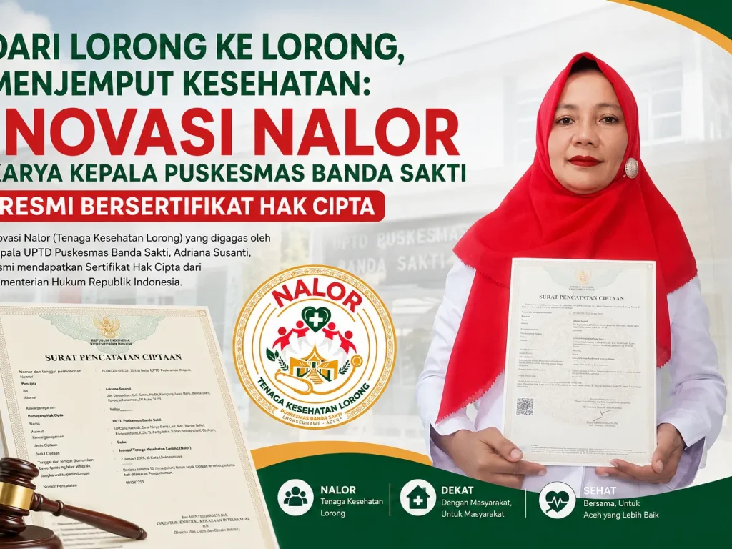 Buku “Inovasi Tenaga Kesehatan Lorong (Nalor)” yang digagas Kepala UPTD Puskesmas Banda Sakti, Adrina Susanti, S.Kep., MKM, resmi memperoleh perlindungan Hak Cipta dari Kementerian Hukum Republik Indonesia.