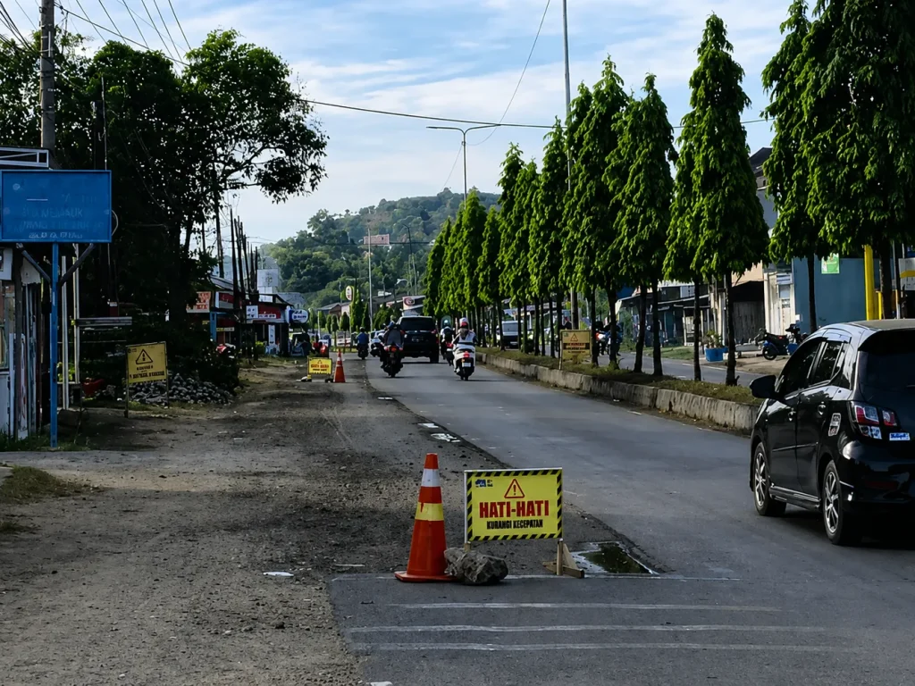 jalan nasional di Kecamatan Muara Satu, khususnya kawasan Desa Blang Pulo hingga Paloh, Kota Lhokseumawe