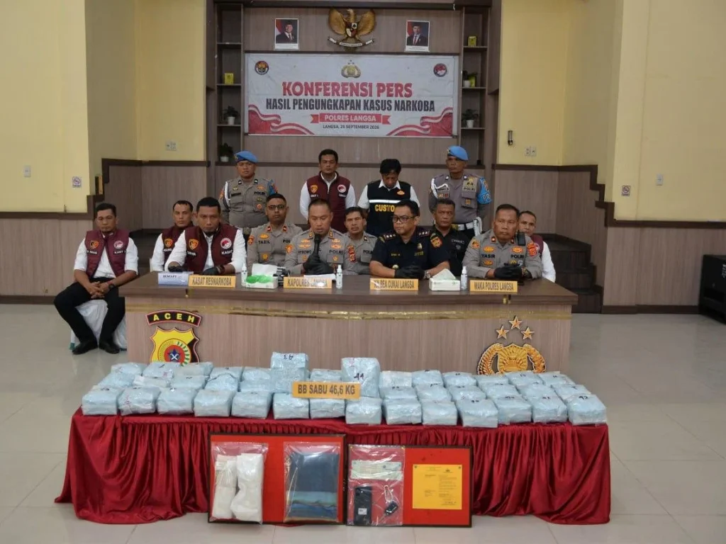 Polres Langsa Ungkap 46,6 Kg Sabu Jaringan Malaysia, Nilainya Capai Rp13,2 Miliar